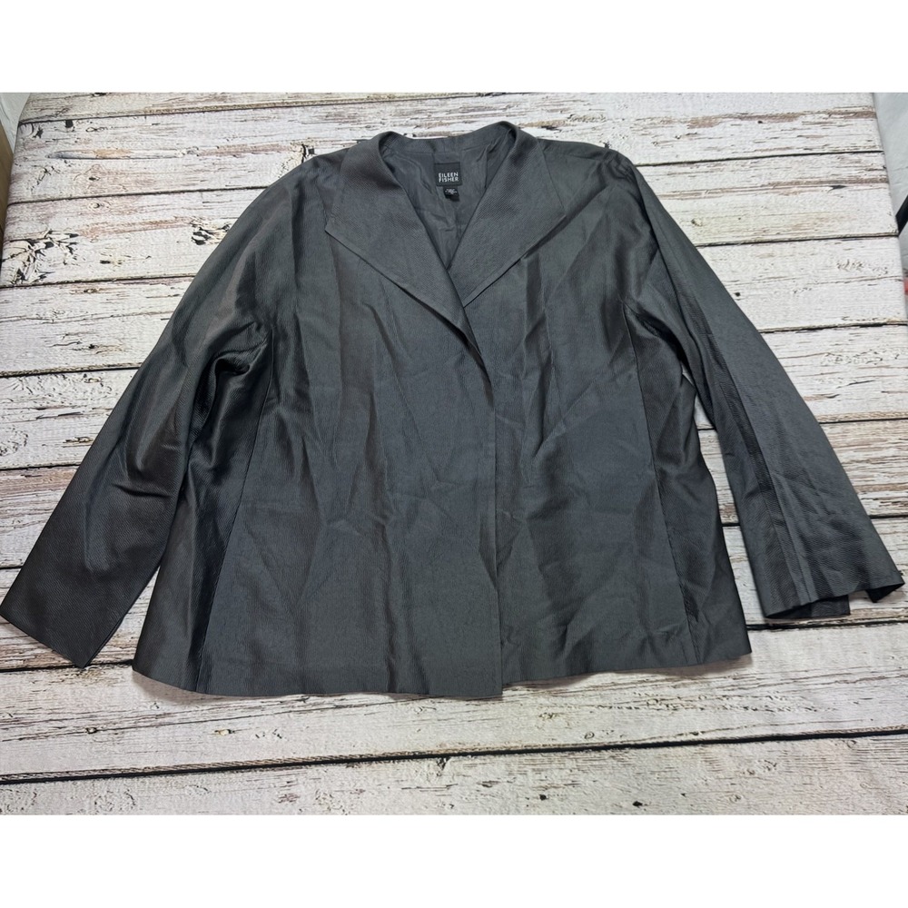 Eileen Fisher Gray 100% Silk Open Front Jacket Blazer Lined Textured XL